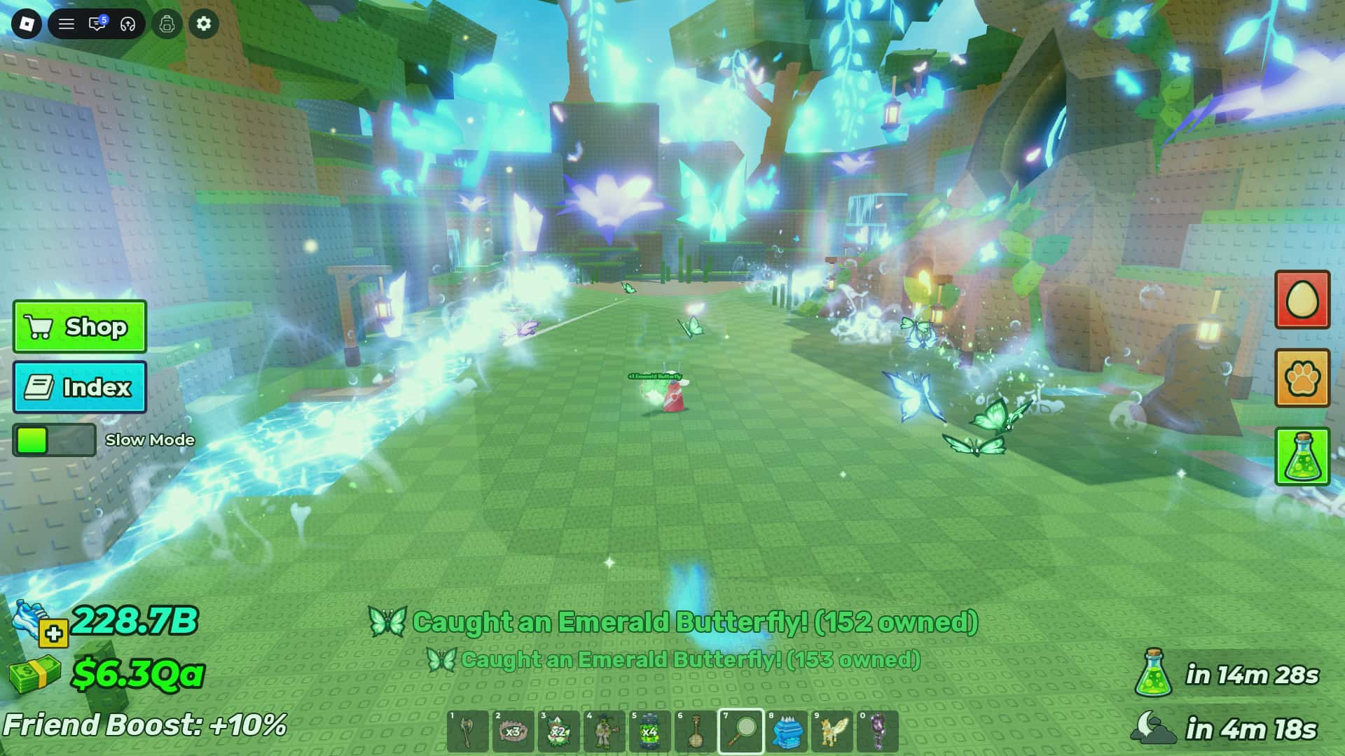 Butterflies in the Enchanted Forest, an equipped net in the toolbar, and Emerald Butterfly catch messages.