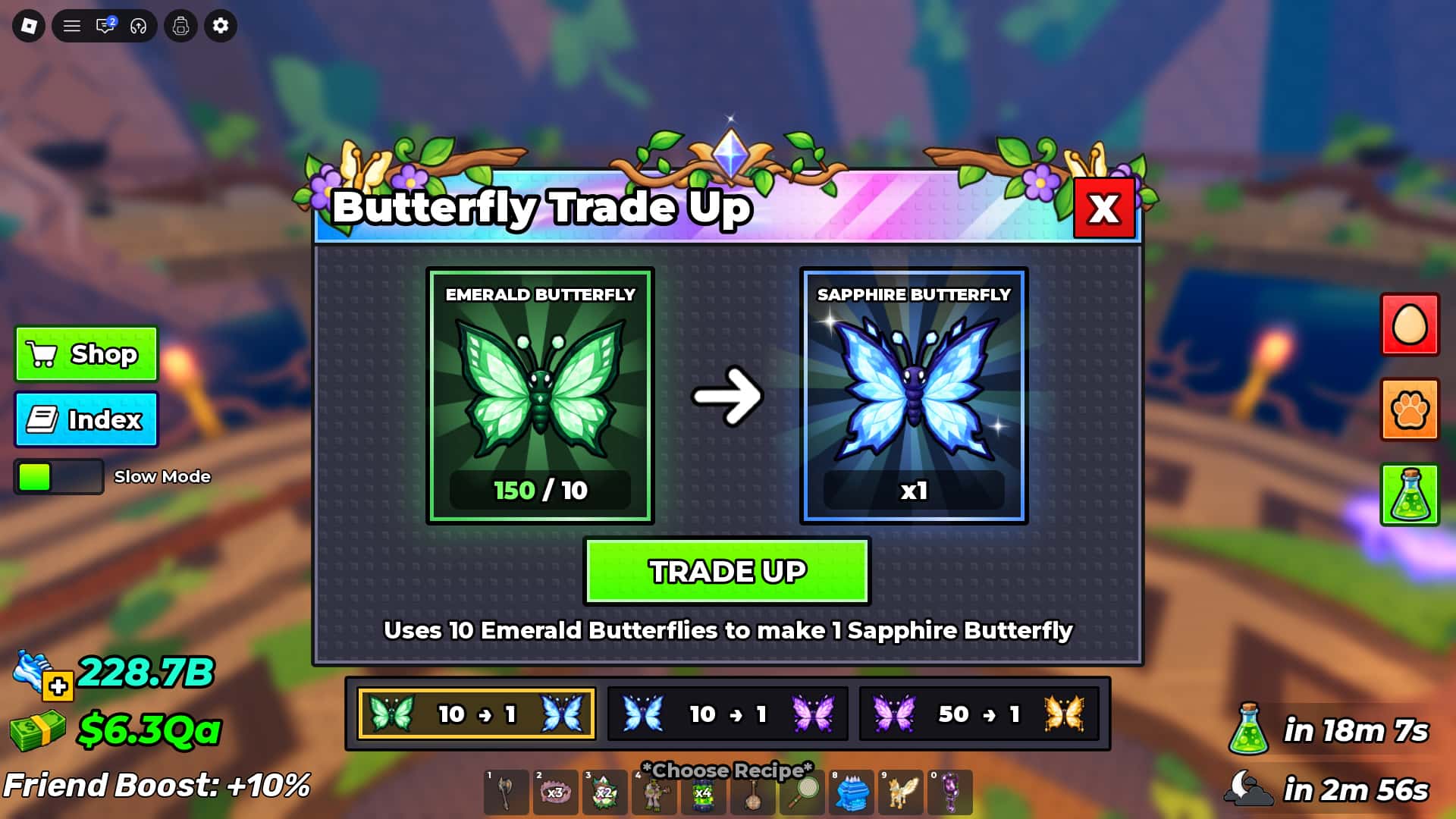 Butterfly Trade Up menu with 10 Emerald to 1 Sapphire, 10 Sapphire to 1 Amethyst, and 50 Amethyst to 1 Radiant.