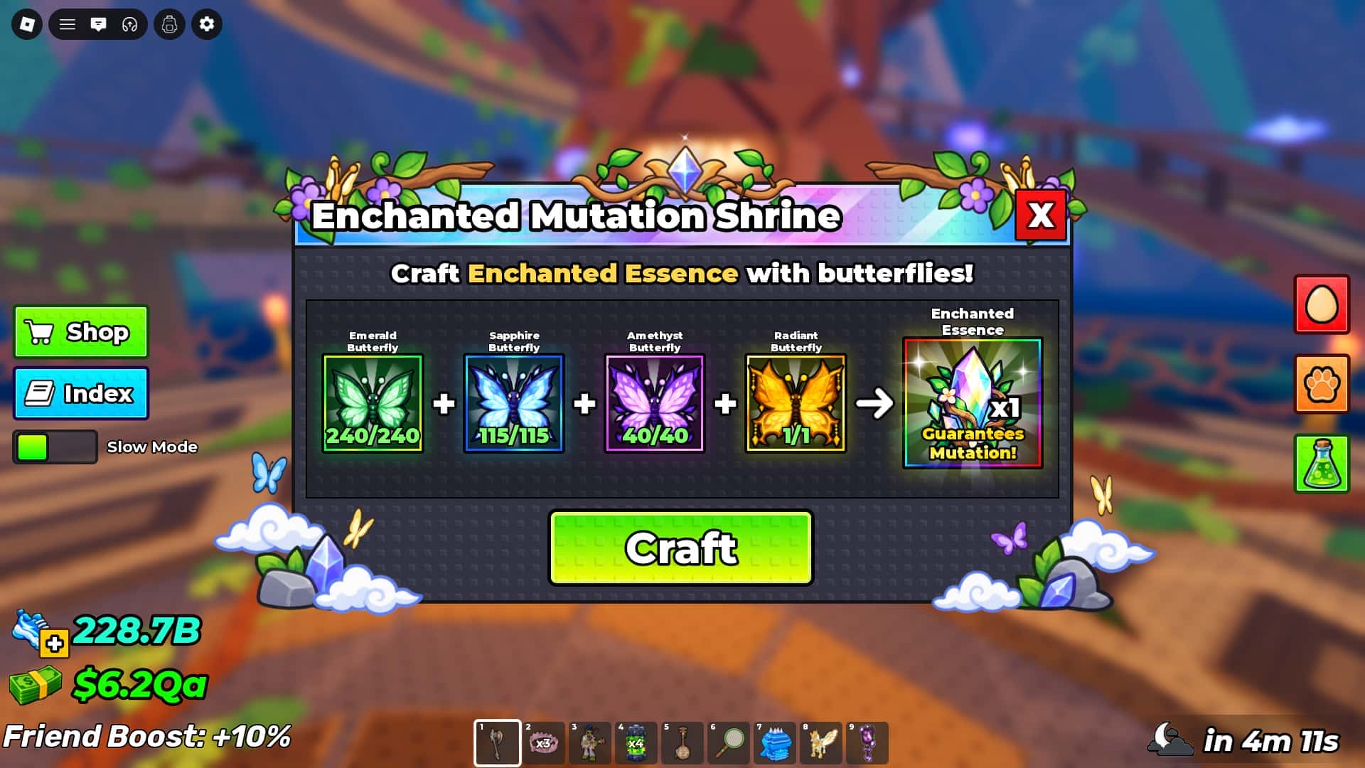 Enchanted Mutation Shrine recipe showing 240 Emerald, 115 Sapphire, 40 Amethyst, and 1 Radiant for one Enchanted Essence.