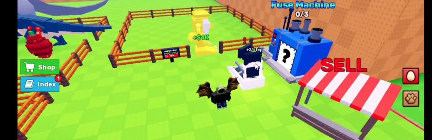 Pet income feedback beside a Fuse Machine marked zero of three near the player's Pen