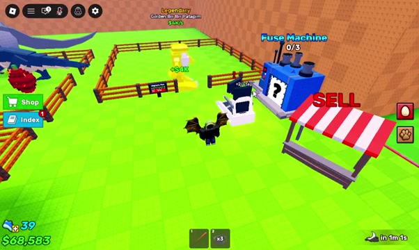 Pet income feedback beside a Fuse Machine marked zero of three near the player's Pen