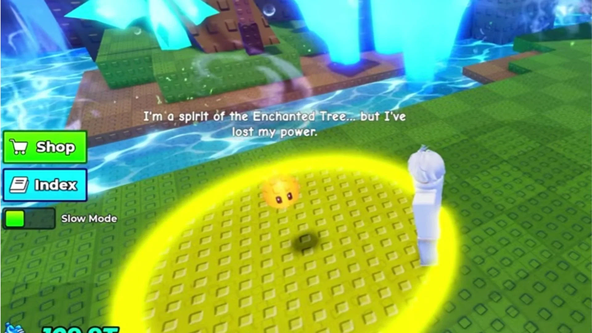 A small yellow Wisp floating inside a glowing yellow circle in the Enchanted Forest.