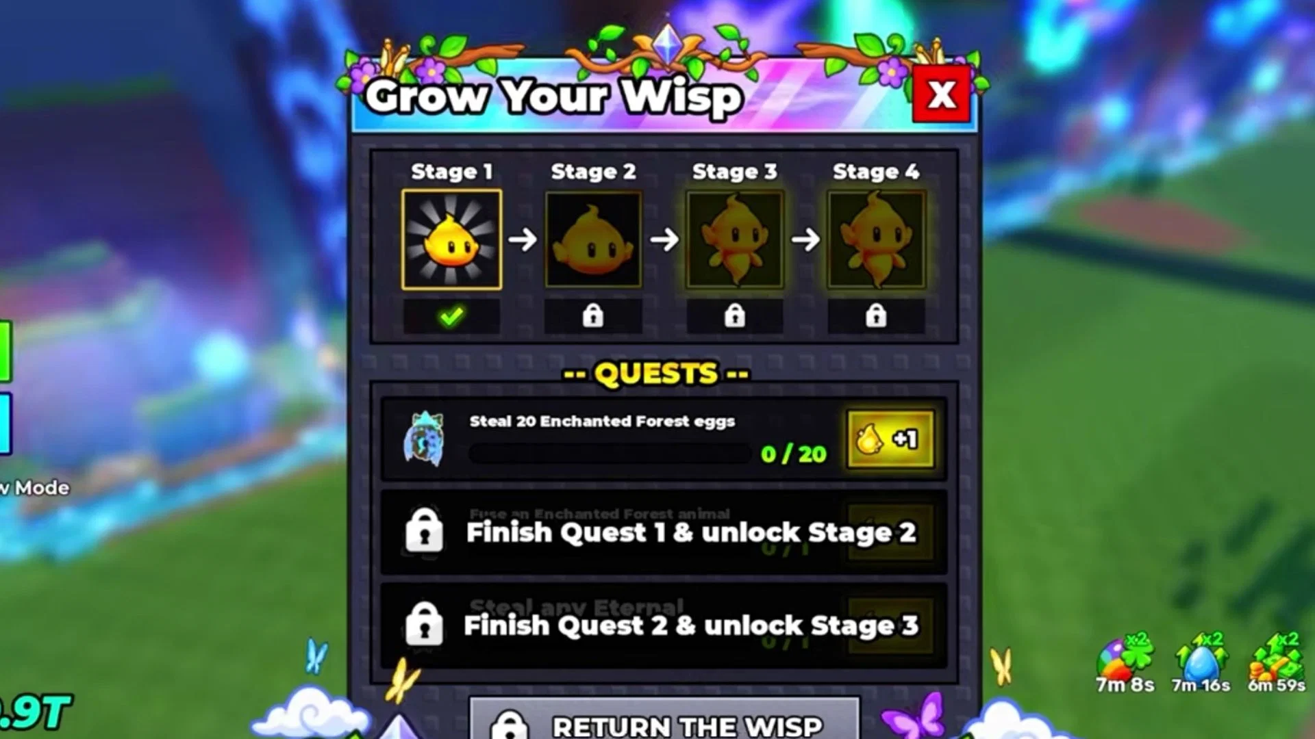 Grow Your Wisp menu showing four growth stages, the first quest at 0/20 Forest Eggs, and two later quests behind locked overlays.